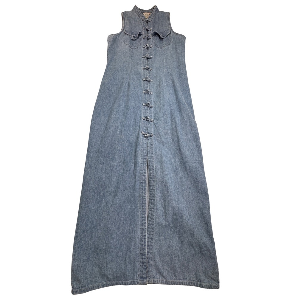 Vintage Scarlett Denim Maxi Dress Frog Button Mandarin Collar 9/10 boho festival